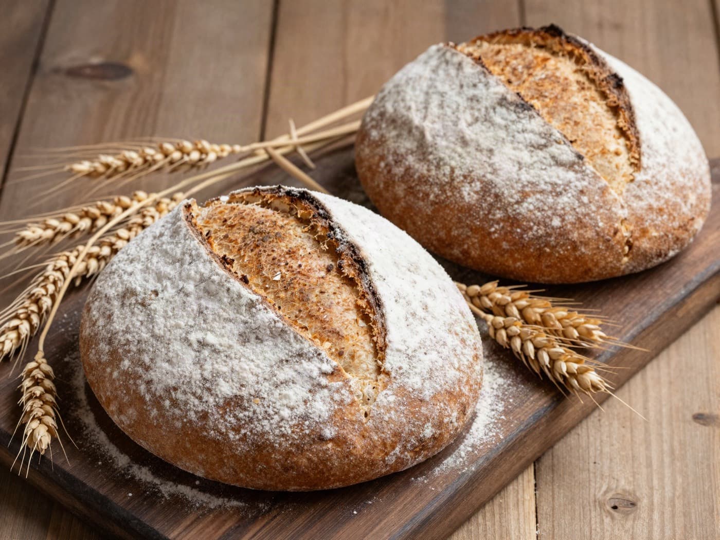 Rustic round loaves dusted with flour on a wooden board