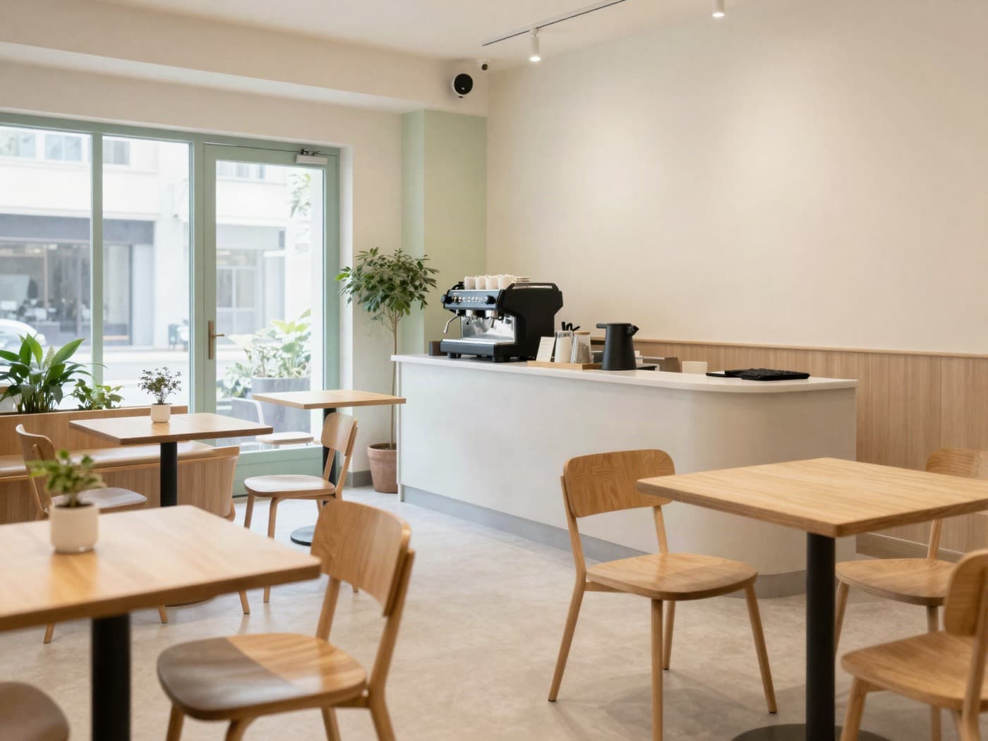 A bright café dining room with pale oak tables and daylight from tall windows