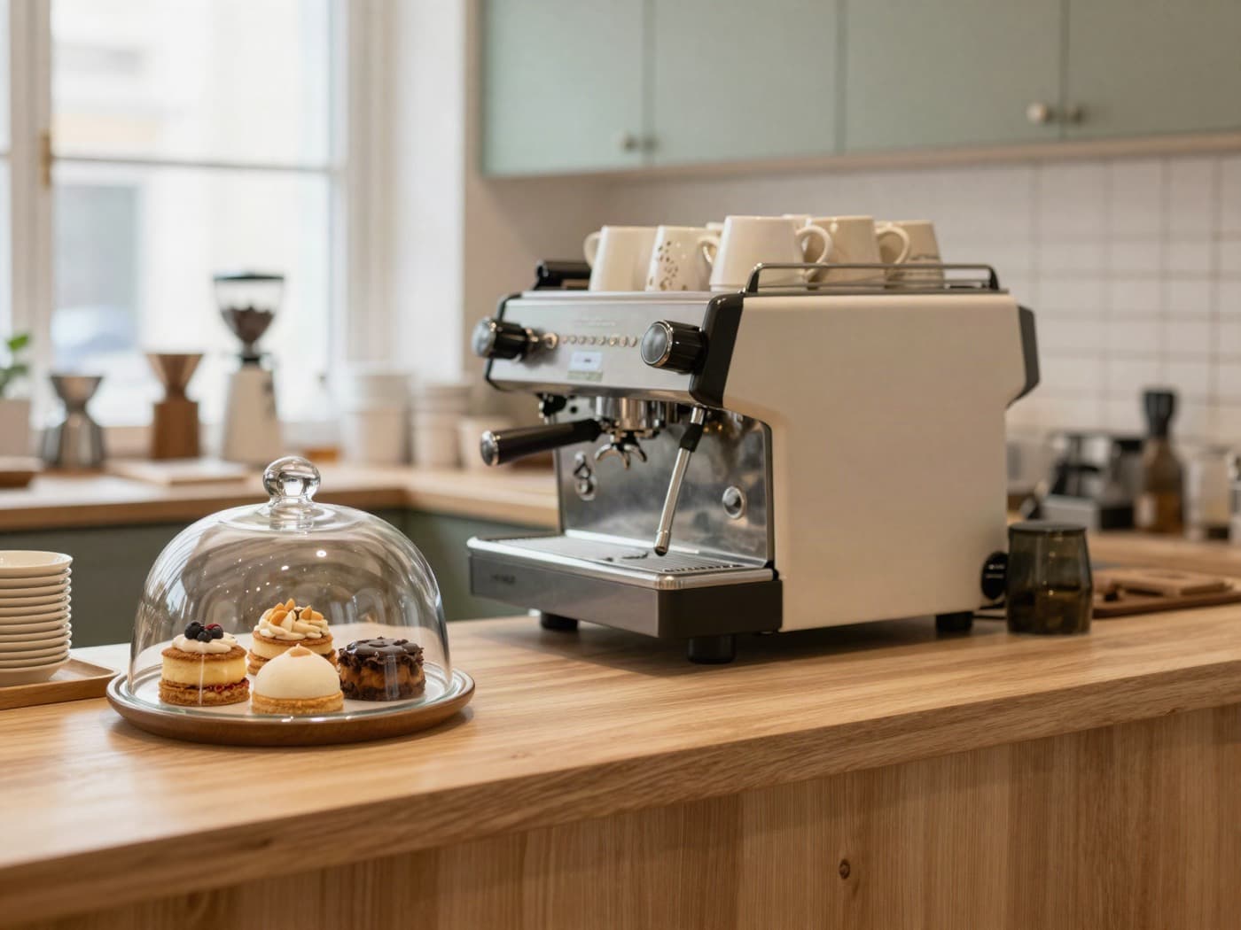A café counter with pastries under glass and a stack of cups