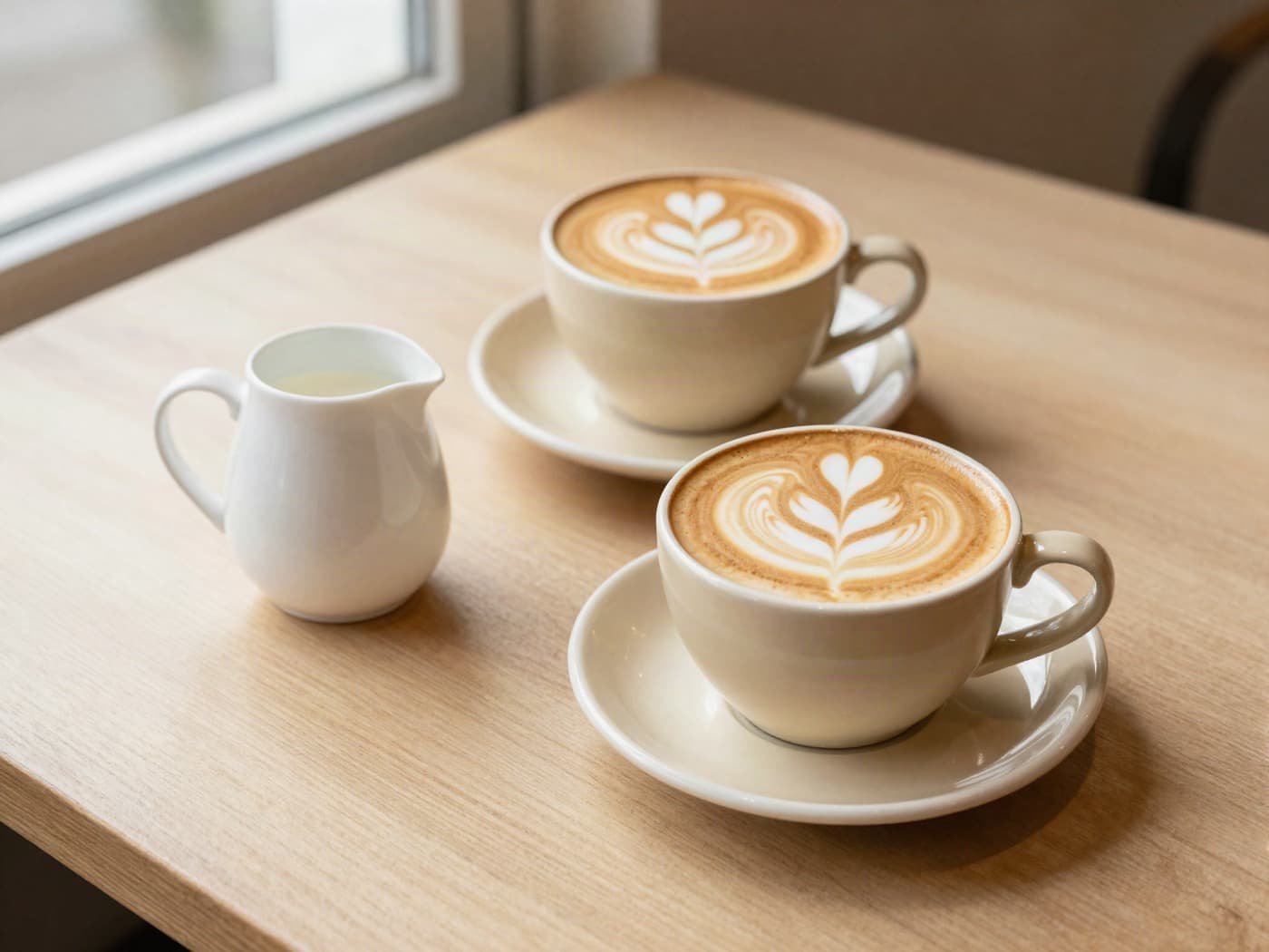Two lattes with rosetta latte art on a pale oak table