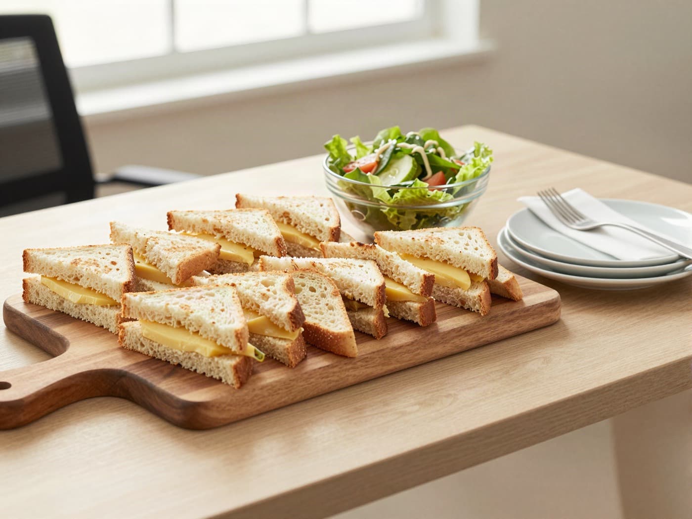 A catering platter of sandwich halves and a bowl of salad on a long table
