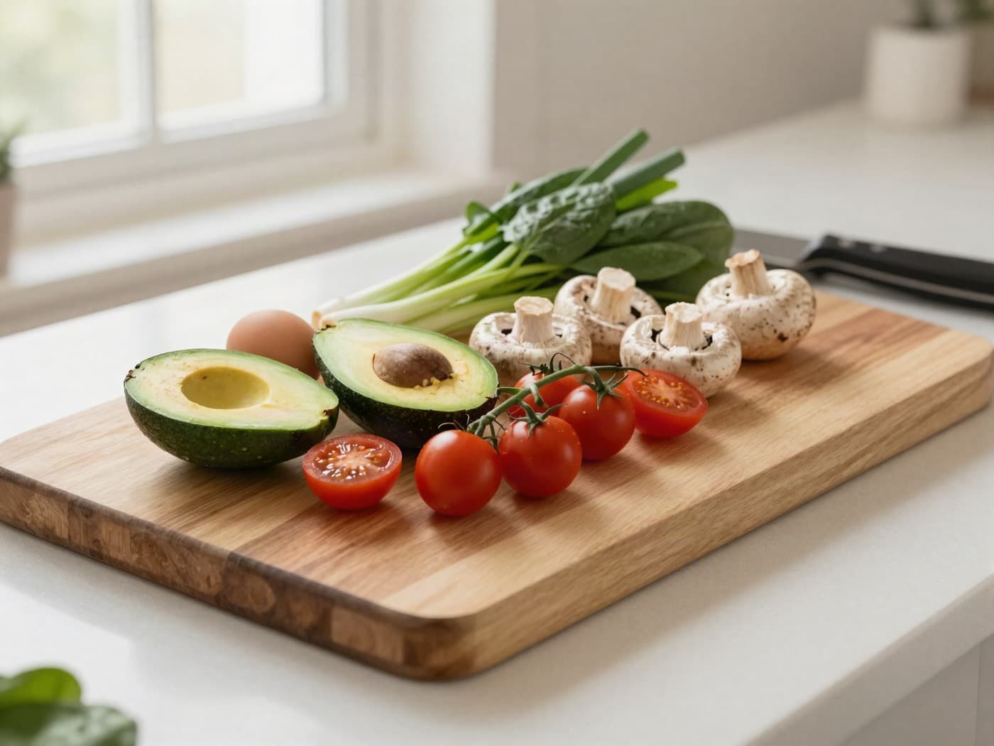 Eggs, avocado, tomatoes, mushrooms and spring onions laid out on a prep board