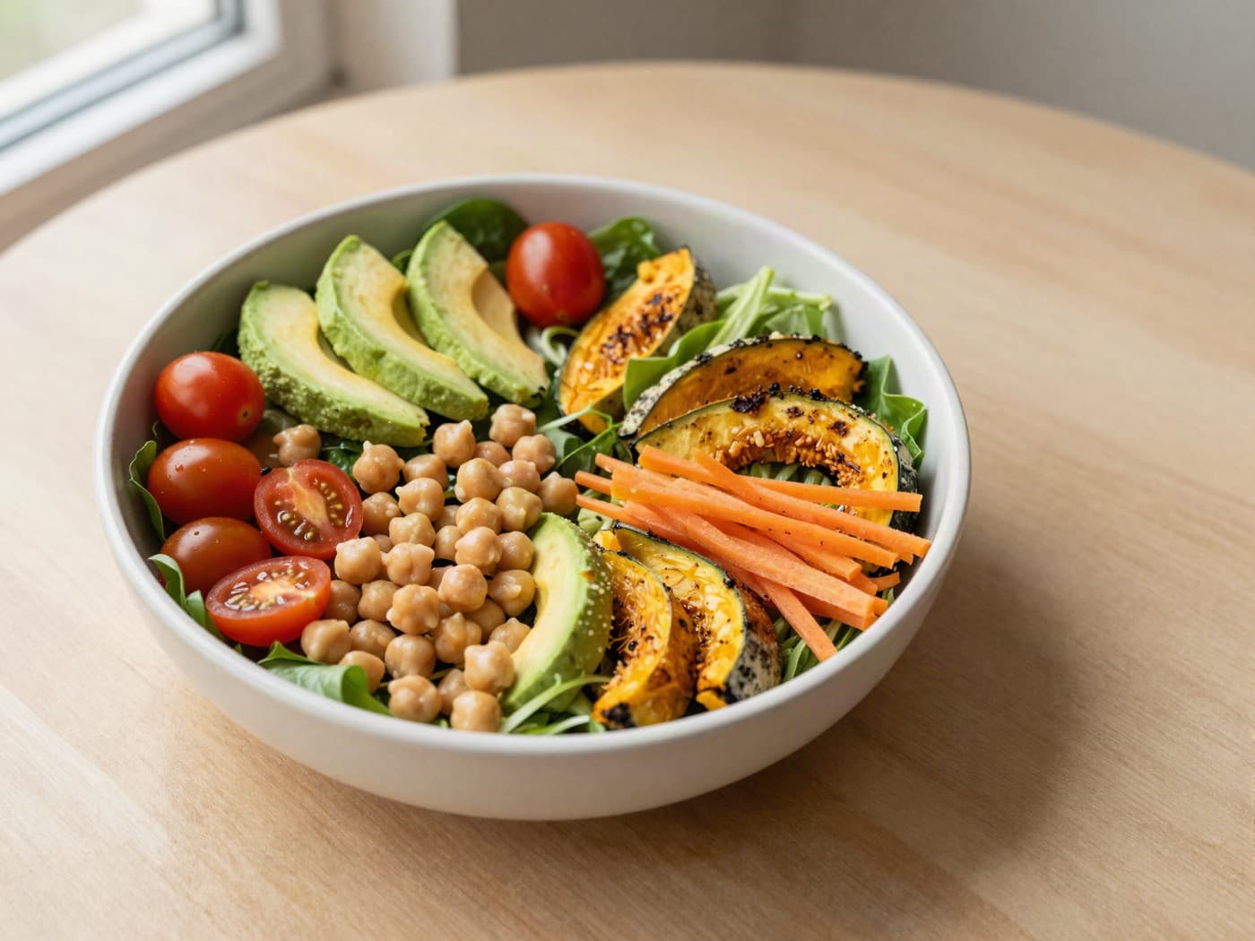 A salad bowl of mixed leaves, avocado, tomatoes, chickpeas and roasted squash