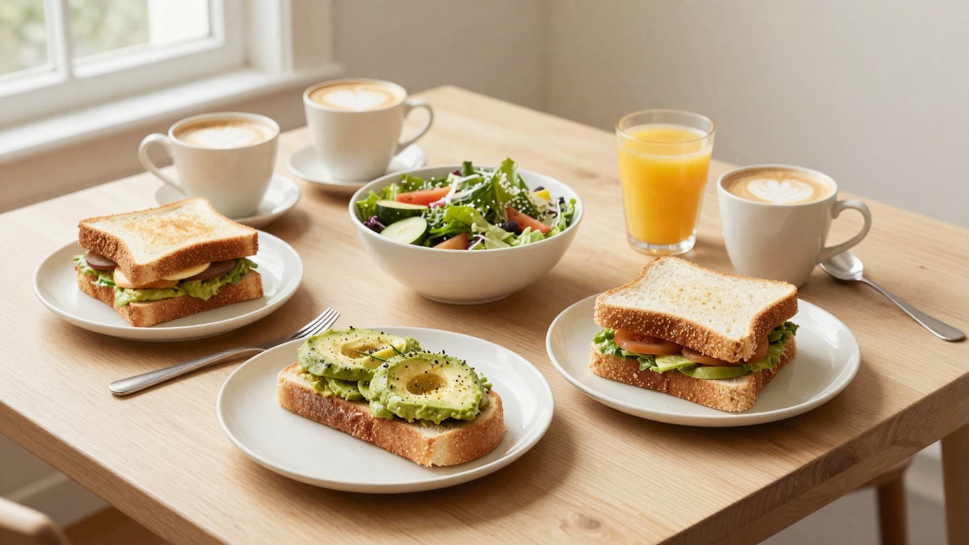 A table set with sandwiches, a salad bowl, lattes and a glass of juice